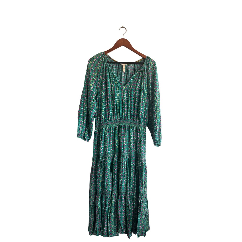 Matilda Jane Green‎ Floral Smocked Waist Tiered Midi Dress Womens Size Large